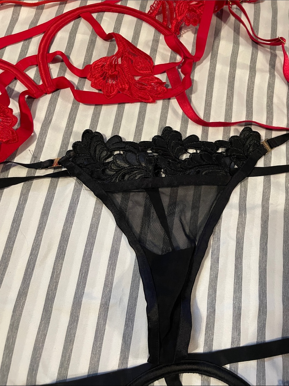 Three sets of Lacey, Strappy Lingerie Set, Red, Black and Blush - Picture 6 of 7